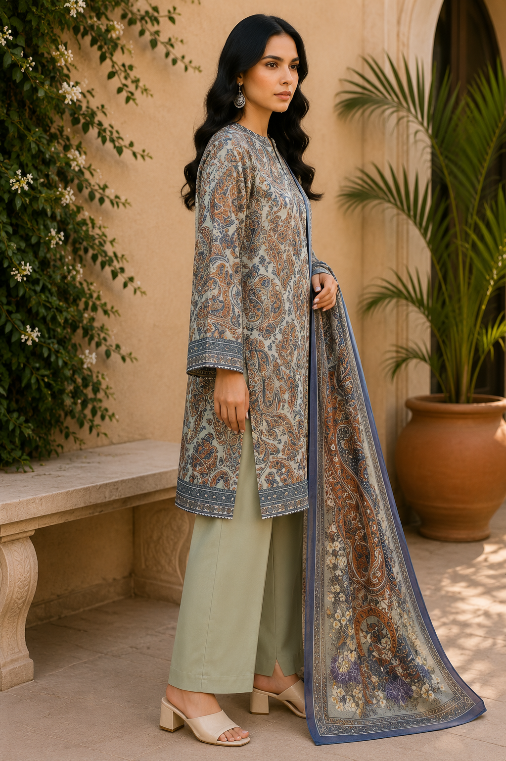 Khaadi 3-Piece Printed Lawn Suit – Unstitched Printed Dupatta Shirt & Dyed Lawn Trouser
