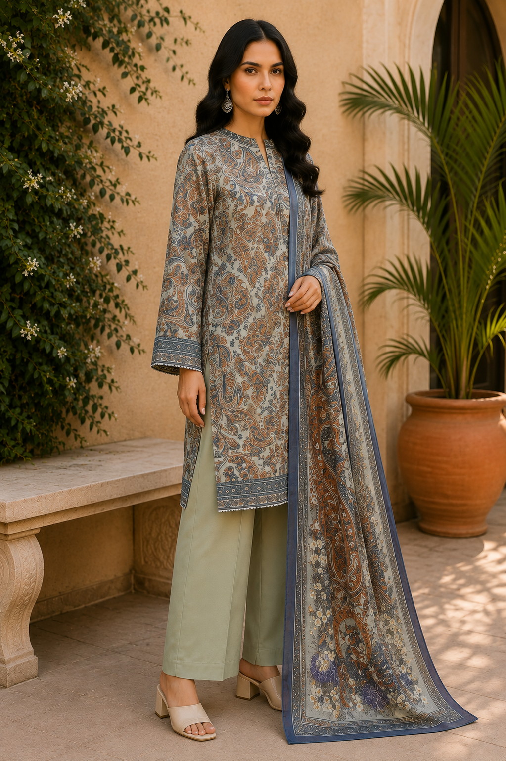 Khaadi 3-Piece Printed Lawn Suit – Unstitched Printed Dupatta Shirt & Dyed Lawn Trouser