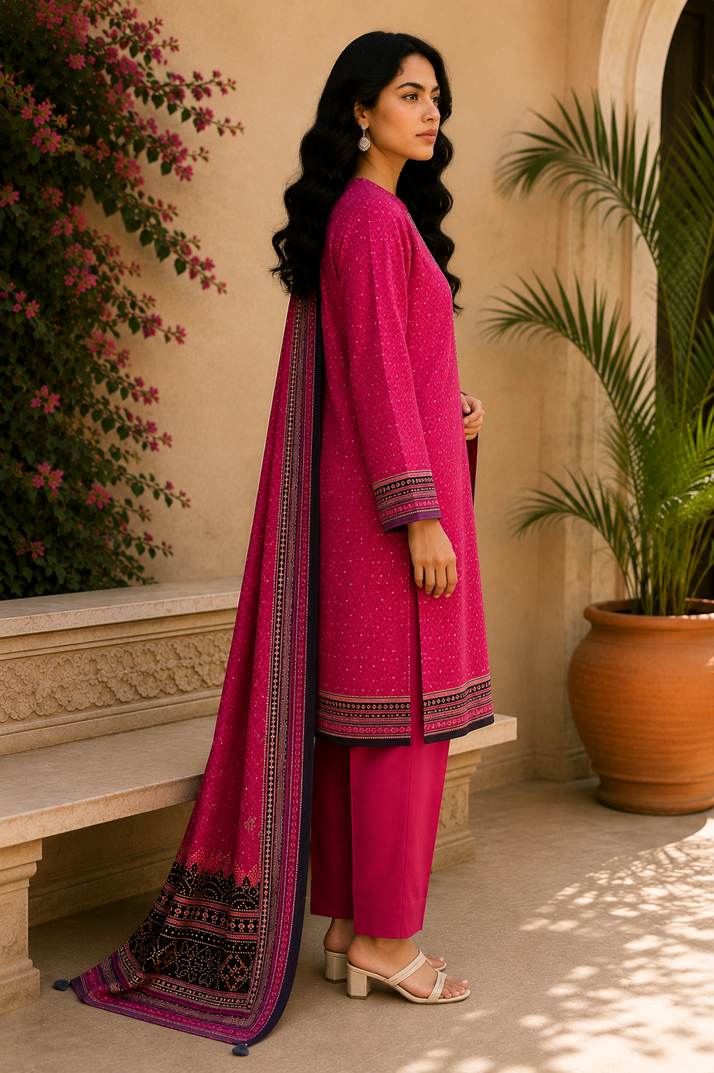 Khaadi 3-Piece Printed Lawn Suit – Unstitched Printed Dupatta Shirt & Dyed Lawn Trouser