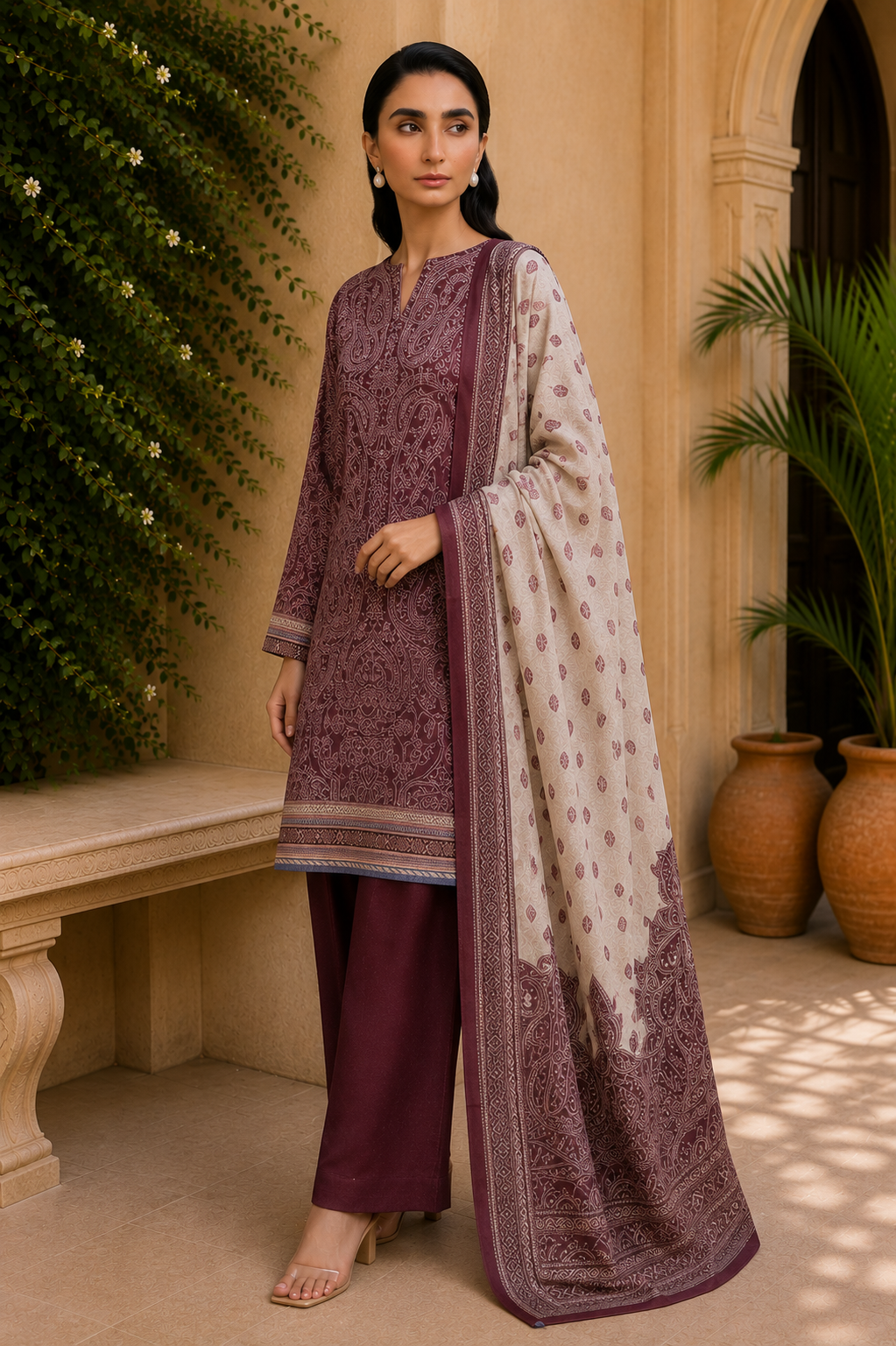 Khaadi 3-Piece Printed Lawn Suit – Unstitched Printed Dupatta Shirt & Dyed Lawn Trouser