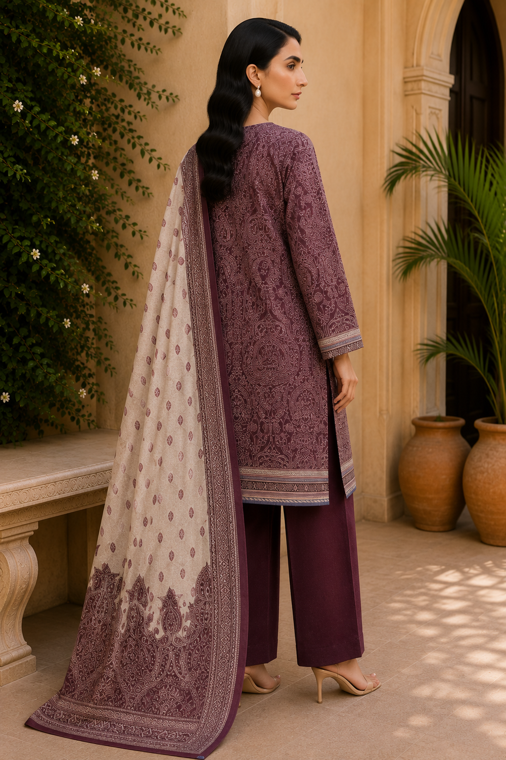 Khaadi 3-Piece Printed Lawn Suit – Unstitched Printed Dupatta Shirt & Dyed Lawn Trouser