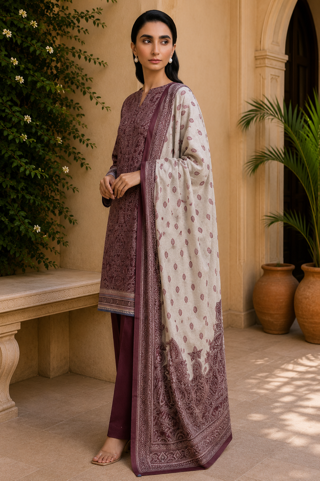 Khaadi 3-Piece Printed Lawn Suit – Unstitched Printed Dupatta Shirt & Dyed Lawn Trouser
