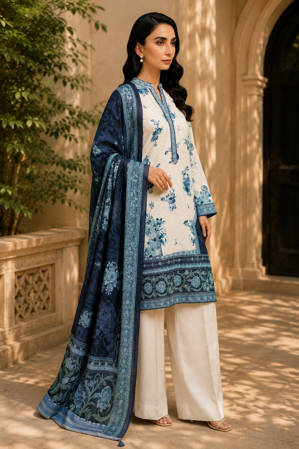 Khaadi 3-Piece Printed Lawn Suit – Unstitched Printed Dupatta Shirt & Dyed Lawn Trouser