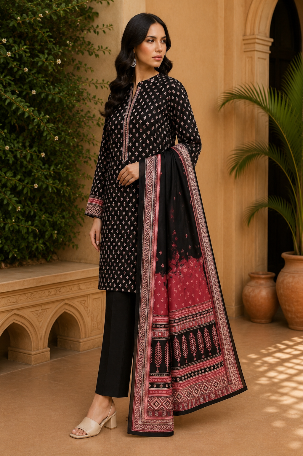 Khaadi 3-Piece Printed Lawn Suit – Unstitched Printed Dupatta Shirt & Dyed Lawn Trouser