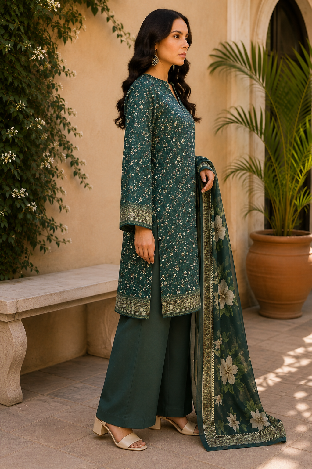 Khaadi 3-Piece Printed Lawn Suit – Unstitched Printed Dupatta Shirt & Dyed Lawn Trouser
