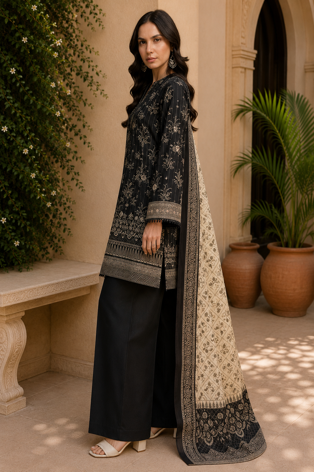 Khaadi 3-Piece Printed Lawn Suit – Unstitched Printed Dupatta Shirt & Dyed Lawn Trouser