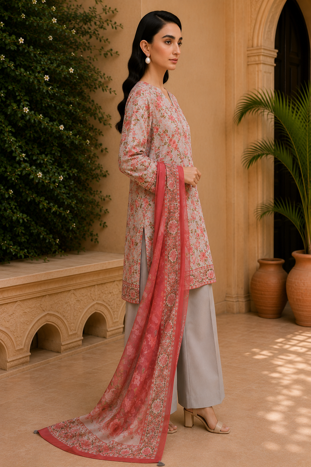 Khaadi 3-Piece Printed Lawn Suit – Unstitched Printed Dupatta Shirt & Dyed Lawn Trouser