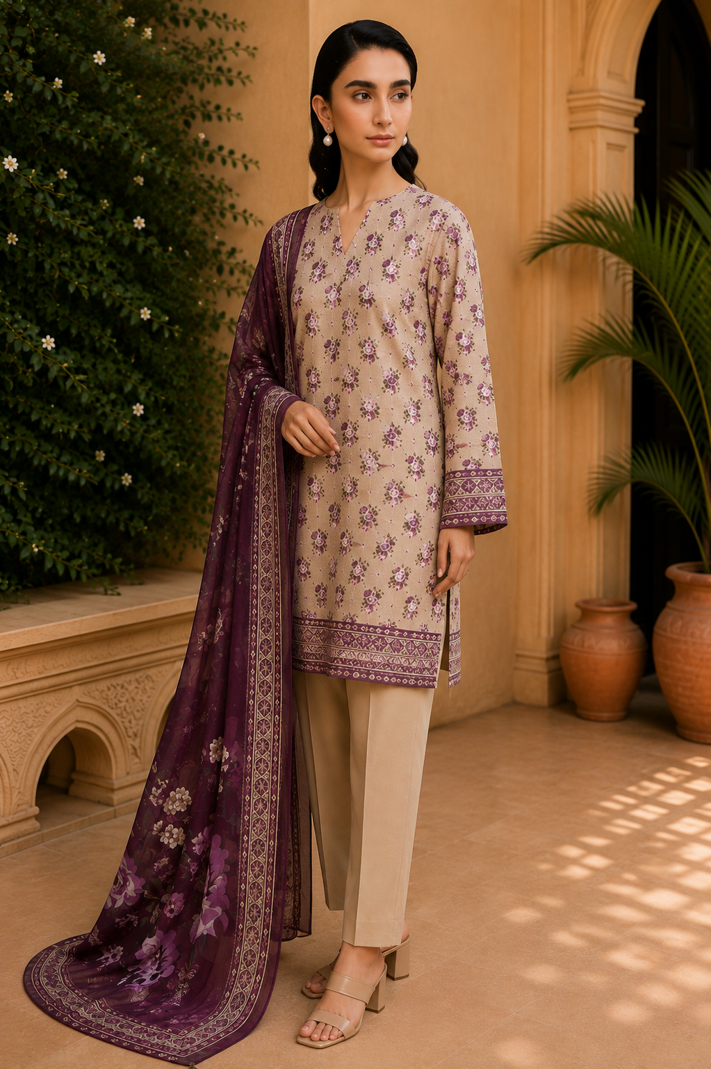 Khaadi 3-Piece Printed Lawn Suit – Unstitched Printed Dupatta Shirt & Dyed Lawn Trouser