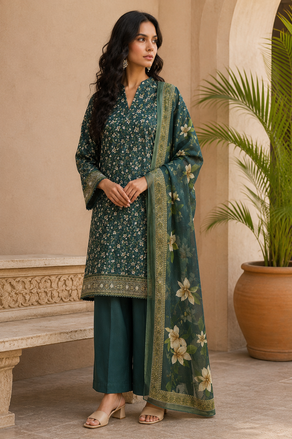 Khaadi 3-Piece Printed Lawn Suit – Unstitched Printed Dupatta Shirt & Dyed Lawn Trouser