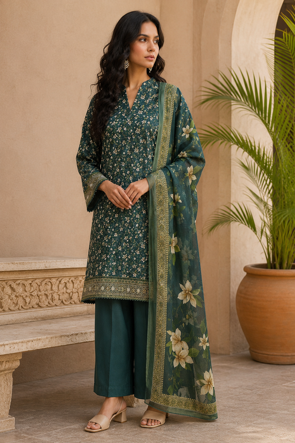 Khaadi 3-Piece Printed Lawn Suit – Unstitched Printed Dupatta Shirt & Dyed Lawn Trouser