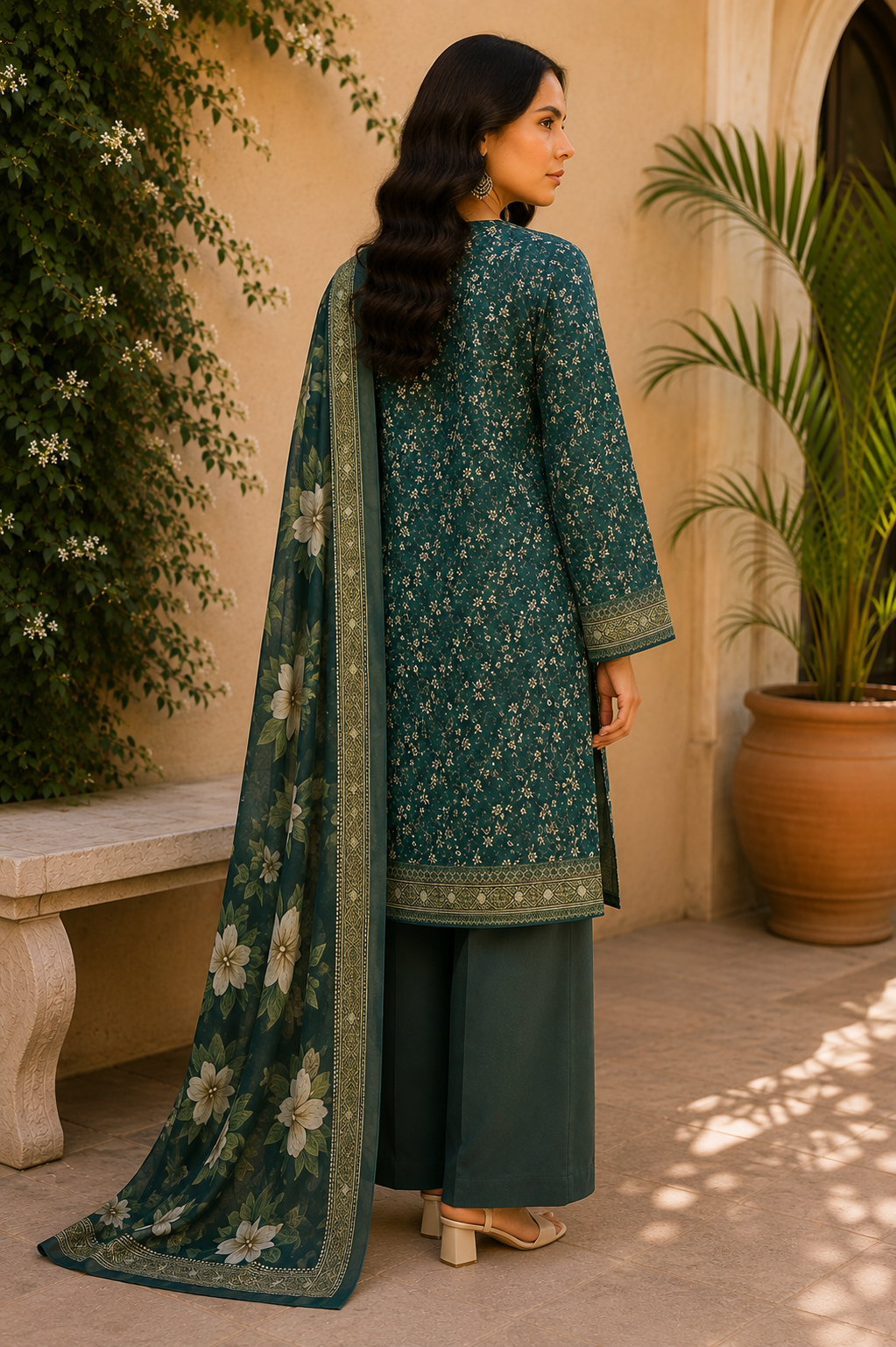 Khaadi 3-Piece Printed Lawn Suit – Unstitched Printed Dupatta Shirt & Dyed Lawn Trouser