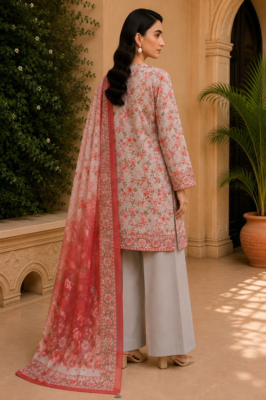 Khaadi 3-Piece Printed Lawn Suit – Unstitched Printed Dupatta Shirt & Dyed Lawn Trouser