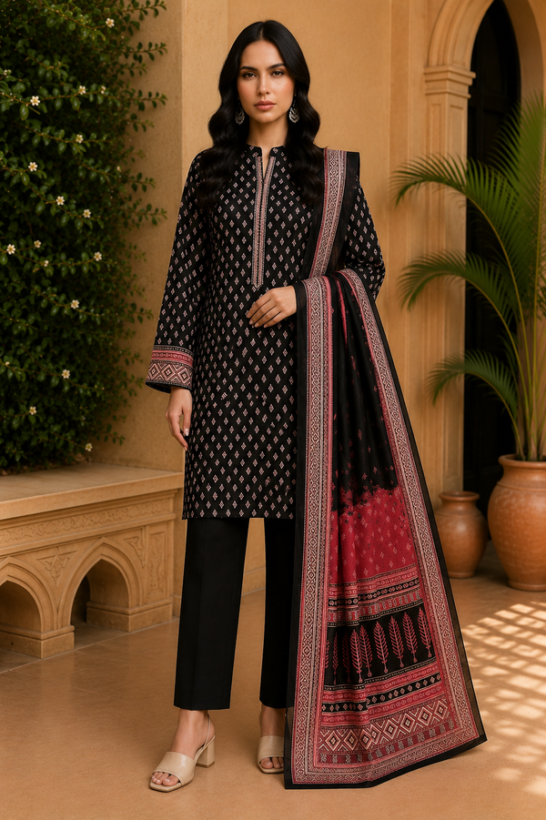 Khaadi 3-Piece Printed Lawn Suit – Unstitched Printed Dupatta Shirt & Dyed Lawn Trouser