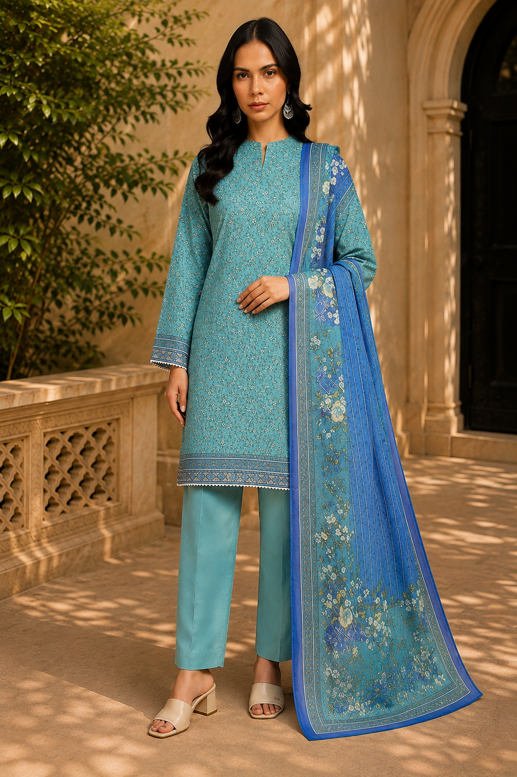 Khaadi 3-Piece Printed Lawn Suit – Unstitched Printed Dupatta Shirt & Dyed Lawn Trouser