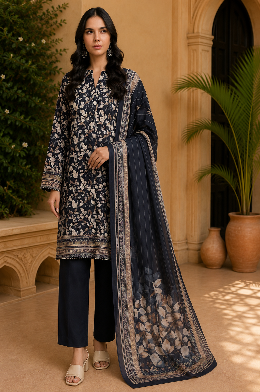 Khaadi 3-Piece Printed Lawn Suit – Unstitched Printed Dupatta Shirt & Dyed Lawn Trouser