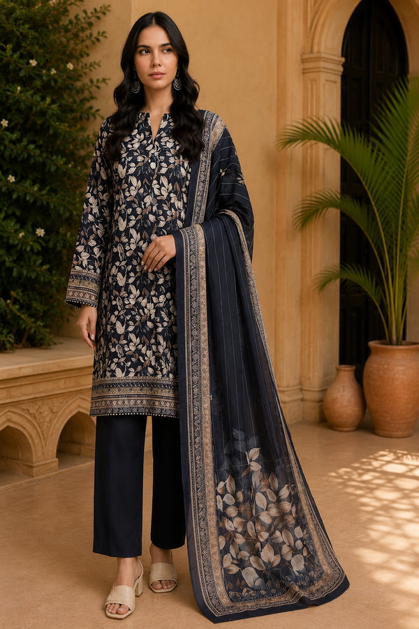 Khaadi 3-Piece Printed Lawn Suit – Unstitched Printed Dupatta Shirt & Dyed Lawn Trouser