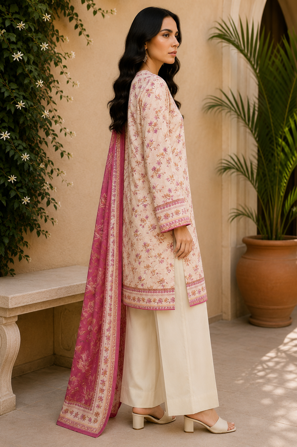 Khaadi 3-Piece Printed Lawn Suit – Unstitched Printed Dupatta Shirt & Dyed Lawn Trouser