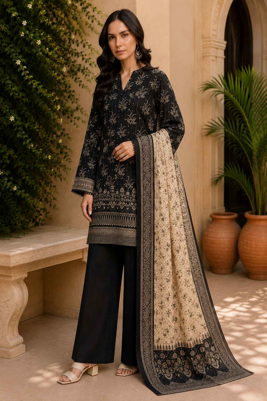 Khaadi 3-Piece Printed Lawn Suit – Unstitched Printed Dupatta Shirt & Dyed Lawn Trouser