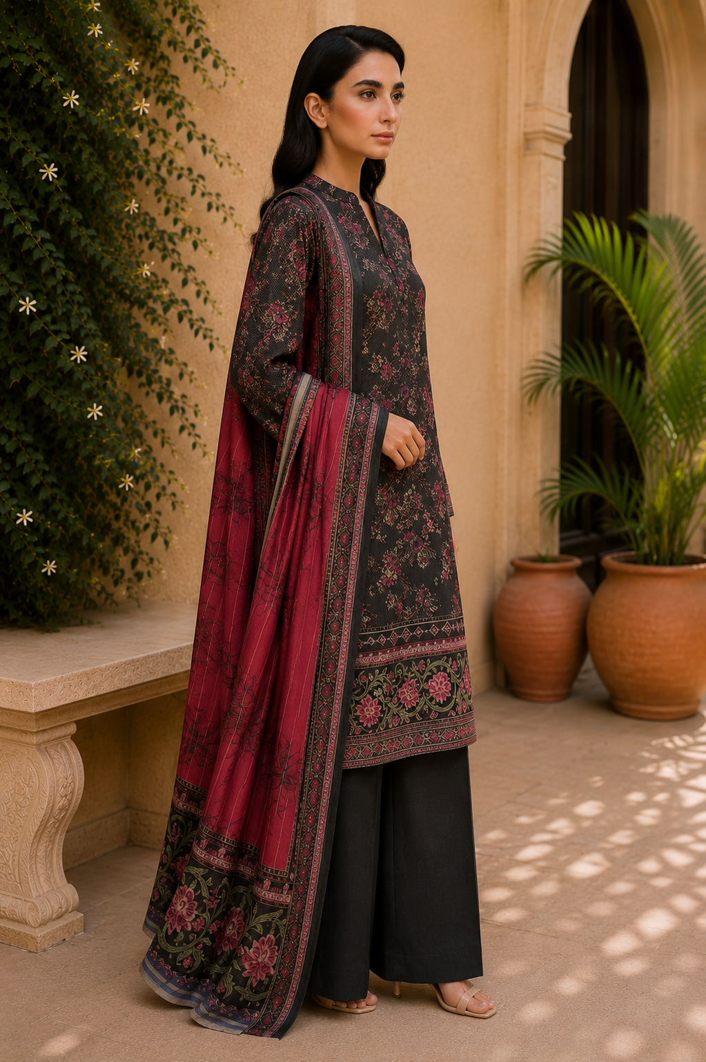Khaadi 3-Piece Printed Lawn Suit – Unstitched Printed Dupatta Shirt & Dyed Lawn Trouser