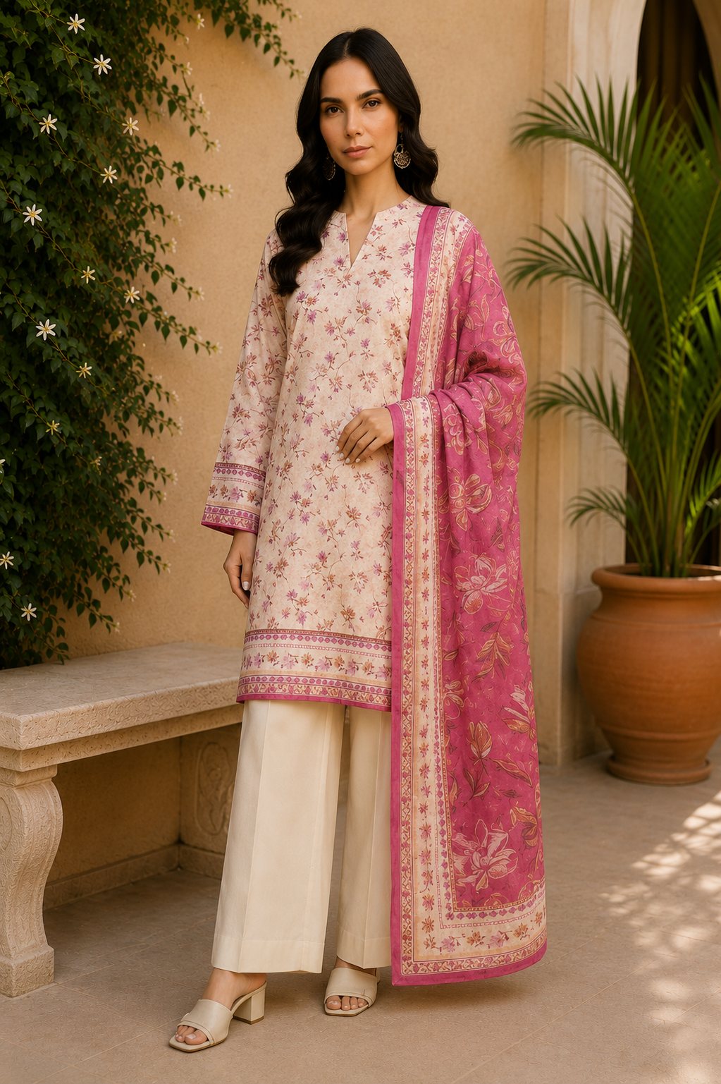 Khaadi 3-Piece Printed Lawn Suit – Unstitched Printed Dupatta Shirt & Dyed Lawn Trouser
