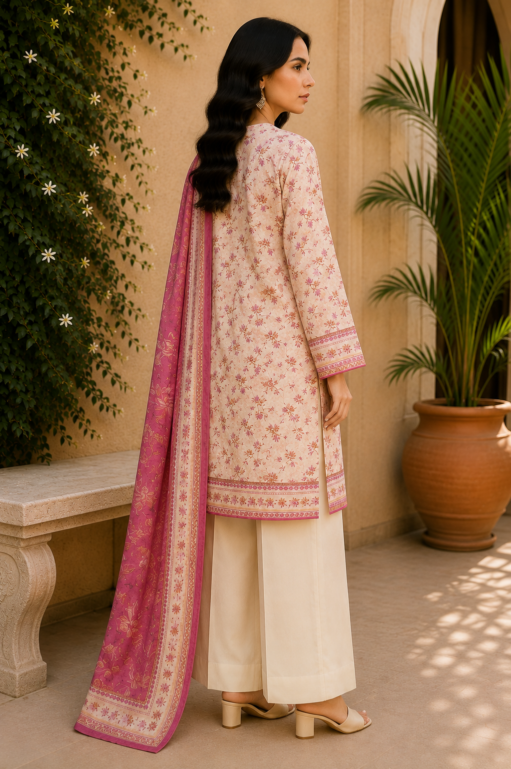 Khaadi 3-Piece Printed Lawn Suit – Unstitched Printed Dupatta Shirt & Dyed Lawn Trouser