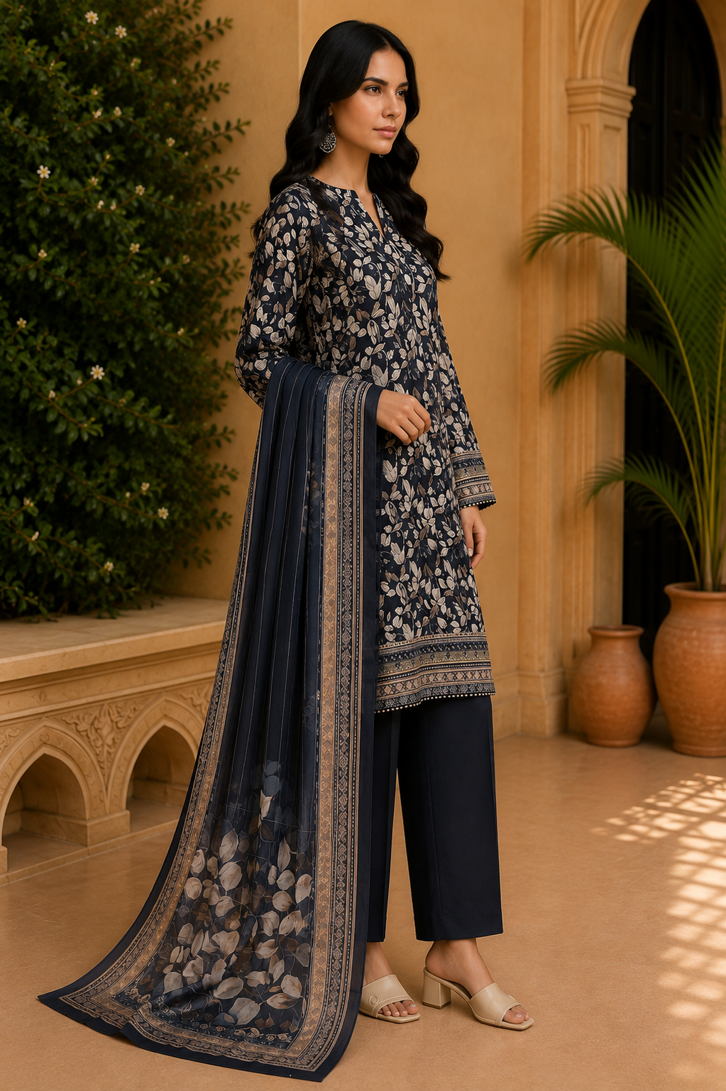 Khaadi 3-Piece Printed Lawn Suit – Unstitched Printed Dupatta Shirt & Dyed Lawn Trouser