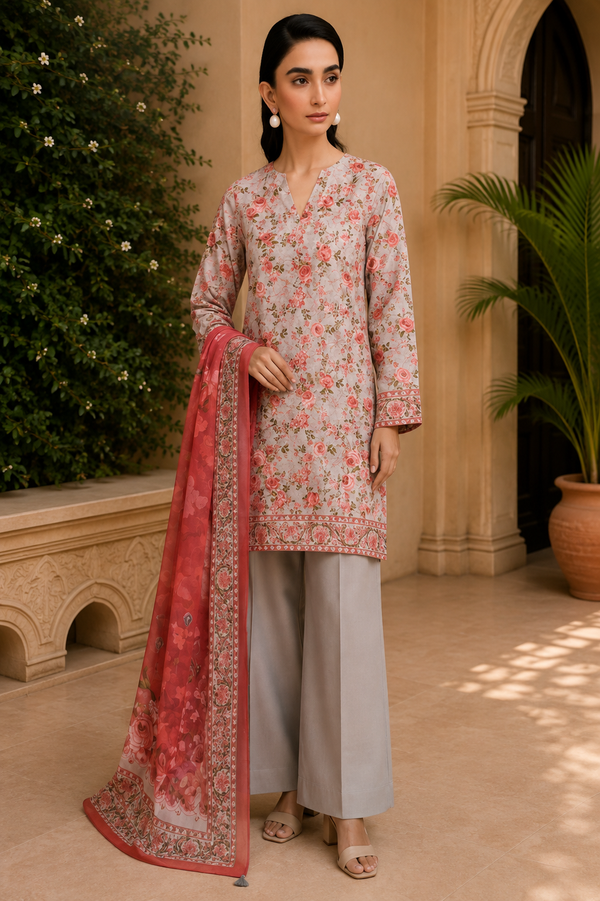 Khaadi 3-Piece Printed Lawn Suit – Unstitched Printed Dupatta Shirt & Dyed Lawn Trouser