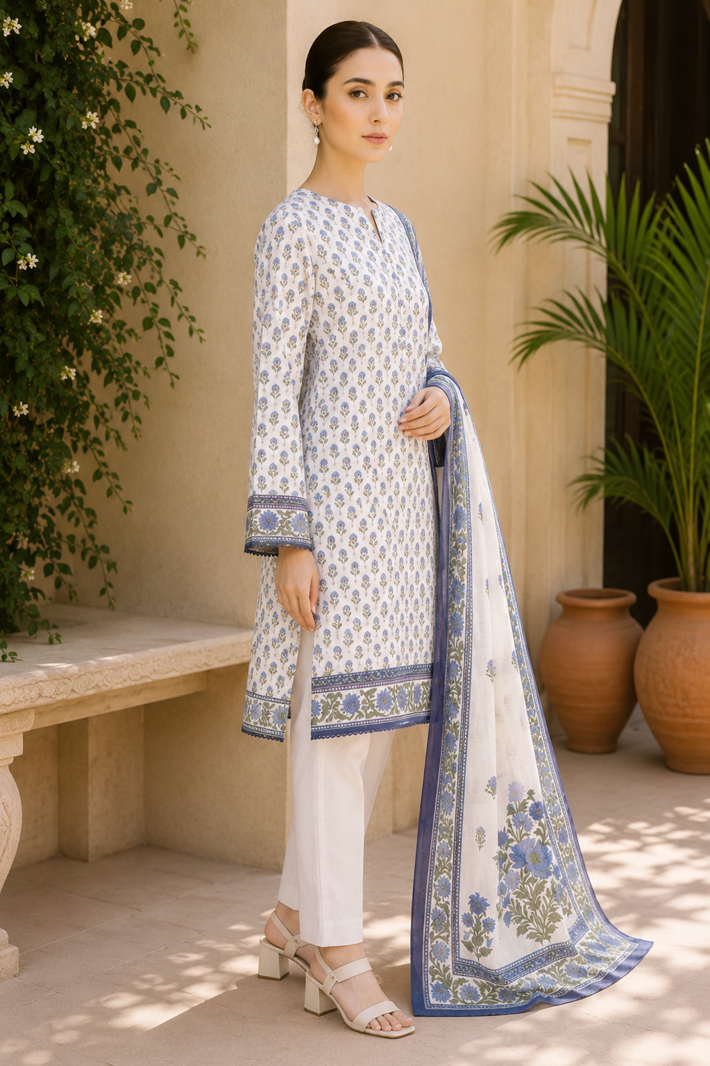 Khaadi 3-Piece Printed Lawn Suit – Unstitched Printed Dupatta Shirt & Dyed Lawn Trouser