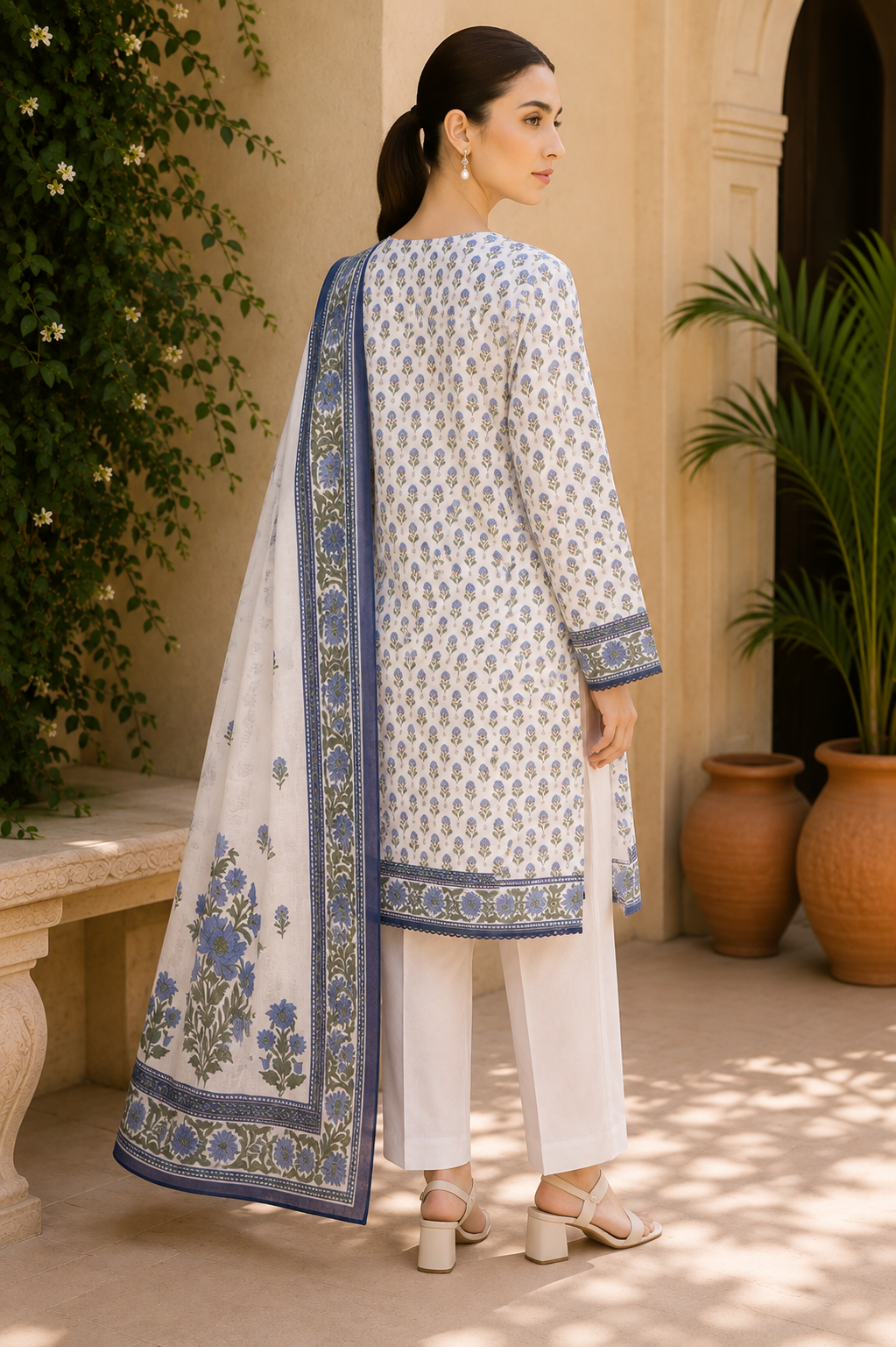 Khaadi 3-Piece Printed Lawn Suit – Unstitched Printed Dupatta Shirt & Dyed Lawn Trouser