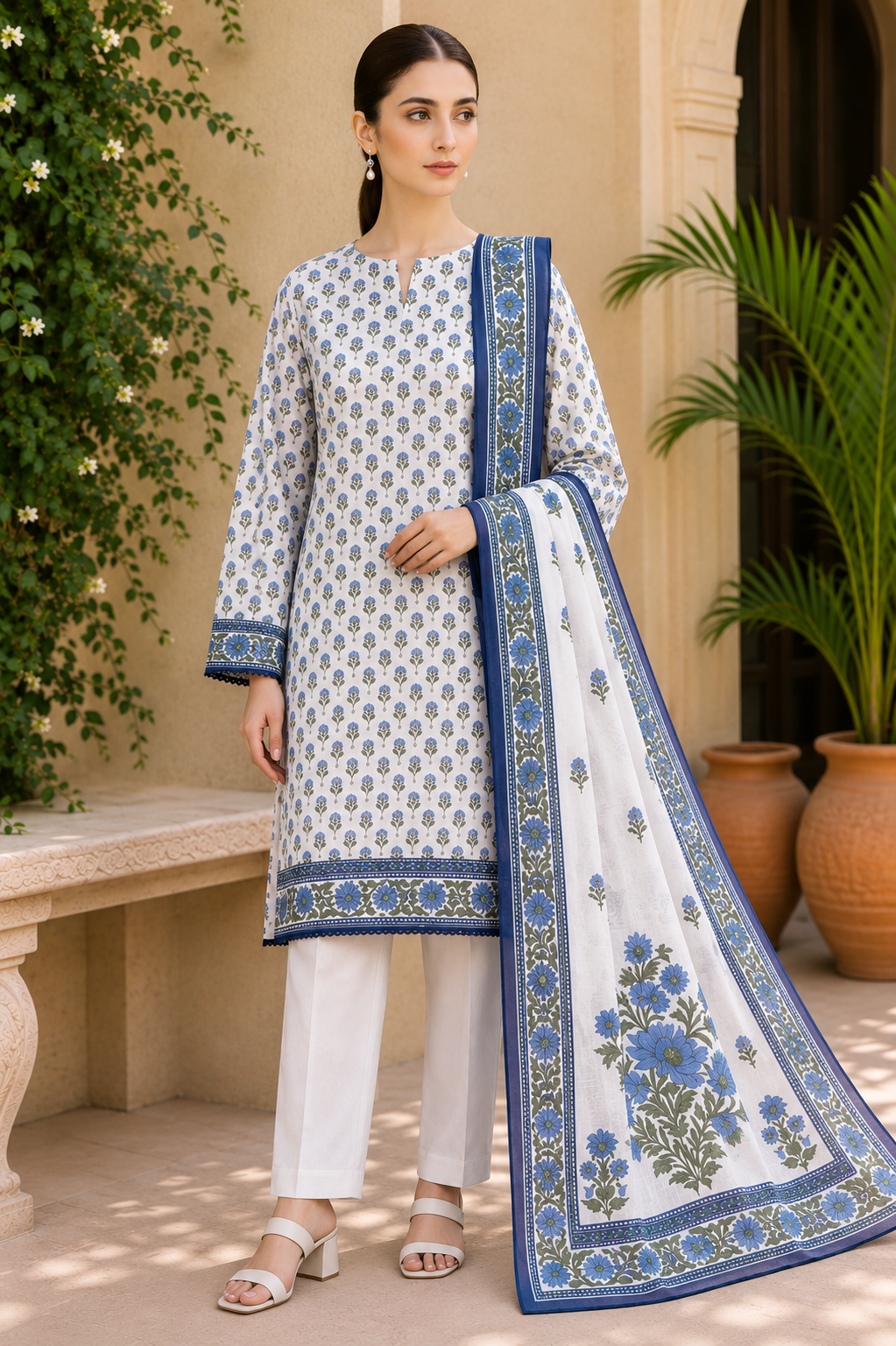 Khaadi 3-Piece Printed Lawn Suit – Unstitched Printed Dupatta Shirt & Dyed Lawn Trouser