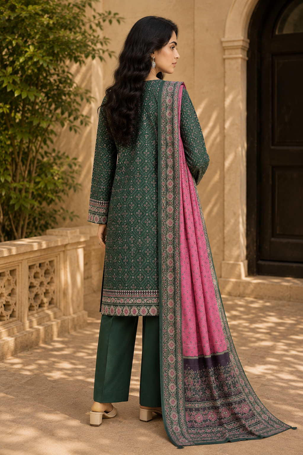 Khaadi 3-Piece Printed Lawn Suit – Unstitched Printed Dupatta Shirt & Dyed Lawn Trouser