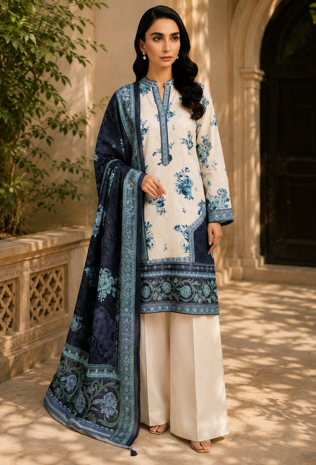 Khaadi 3-Piece Printed Lawn Suit – Unstitched Printed Dupatta Shirt & Dyed Lawn Trouser