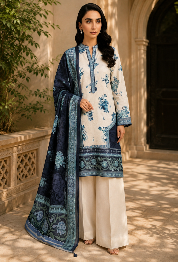 Khaadi 3-Piece Printed Lawn Suit – Unstitched Printed Dupatta Shirt & Dyed Lawn Trouser