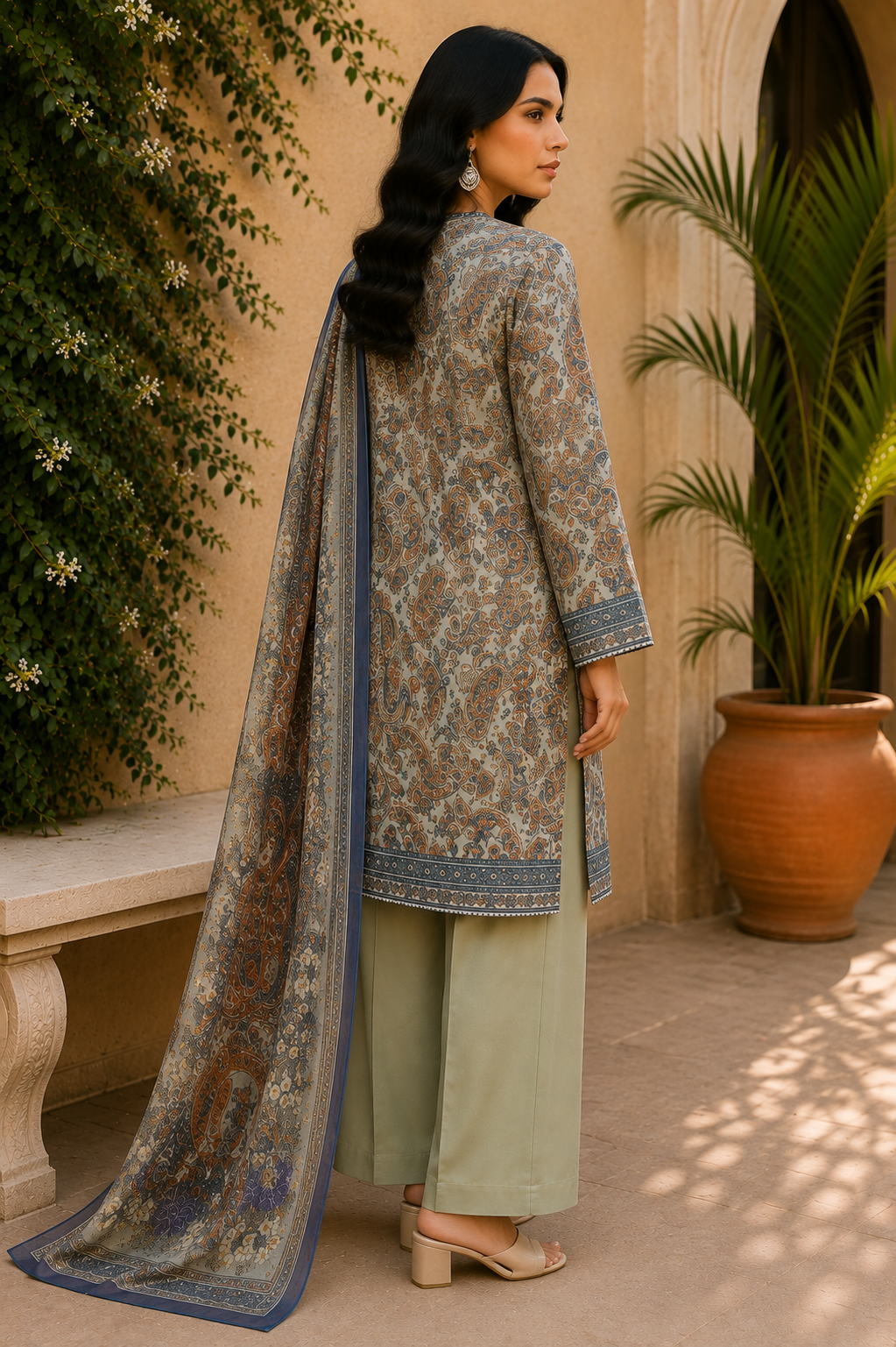 Khaadi 3-Piece Printed Lawn Suit – Unstitched Printed Dupatta Shirt & Dyed Lawn Trouser