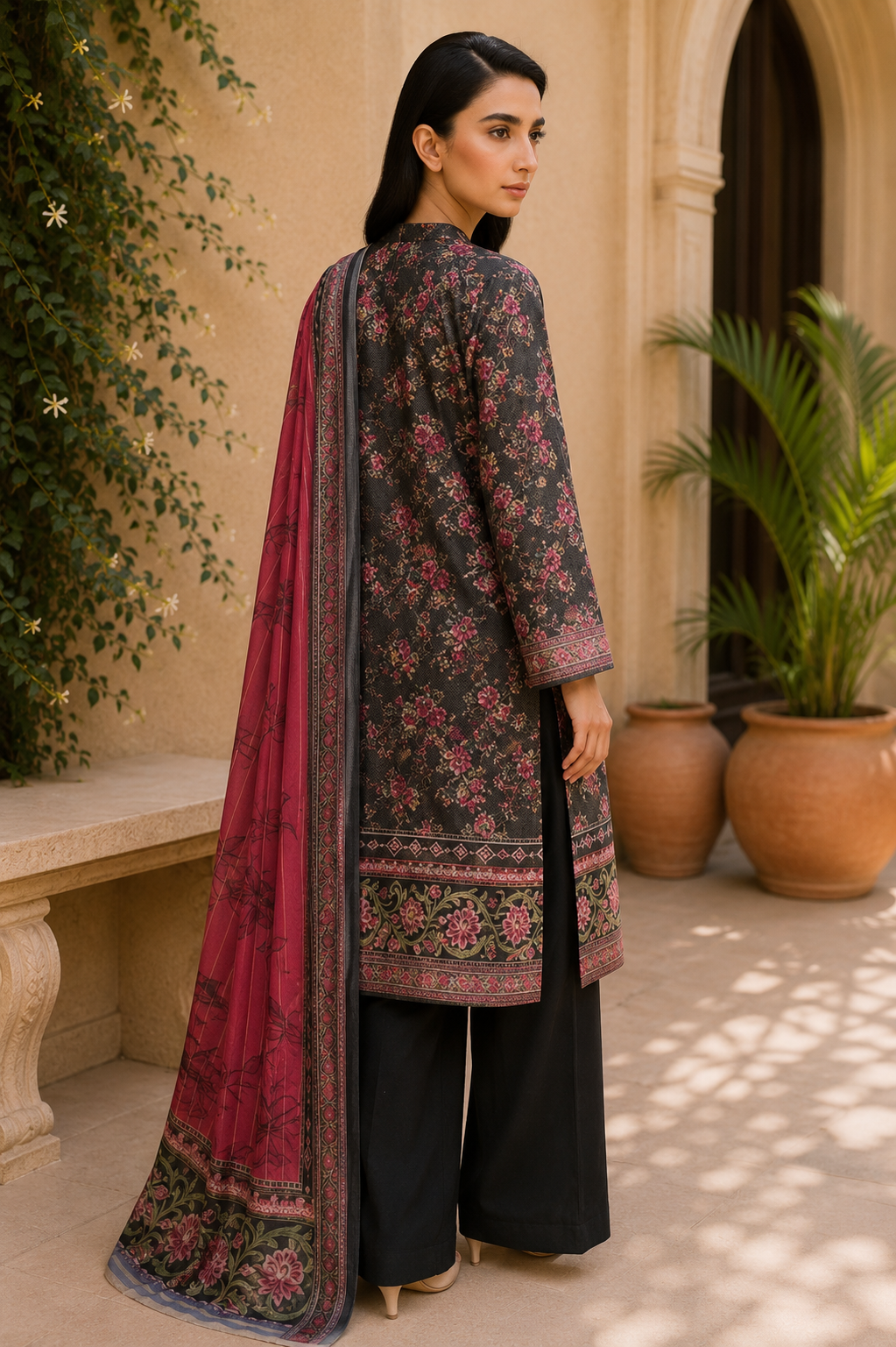Khaadi 3-Piece Printed Lawn Suit – Unstitched Printed Dupatta Shirt & Dyed Lawn Trouser