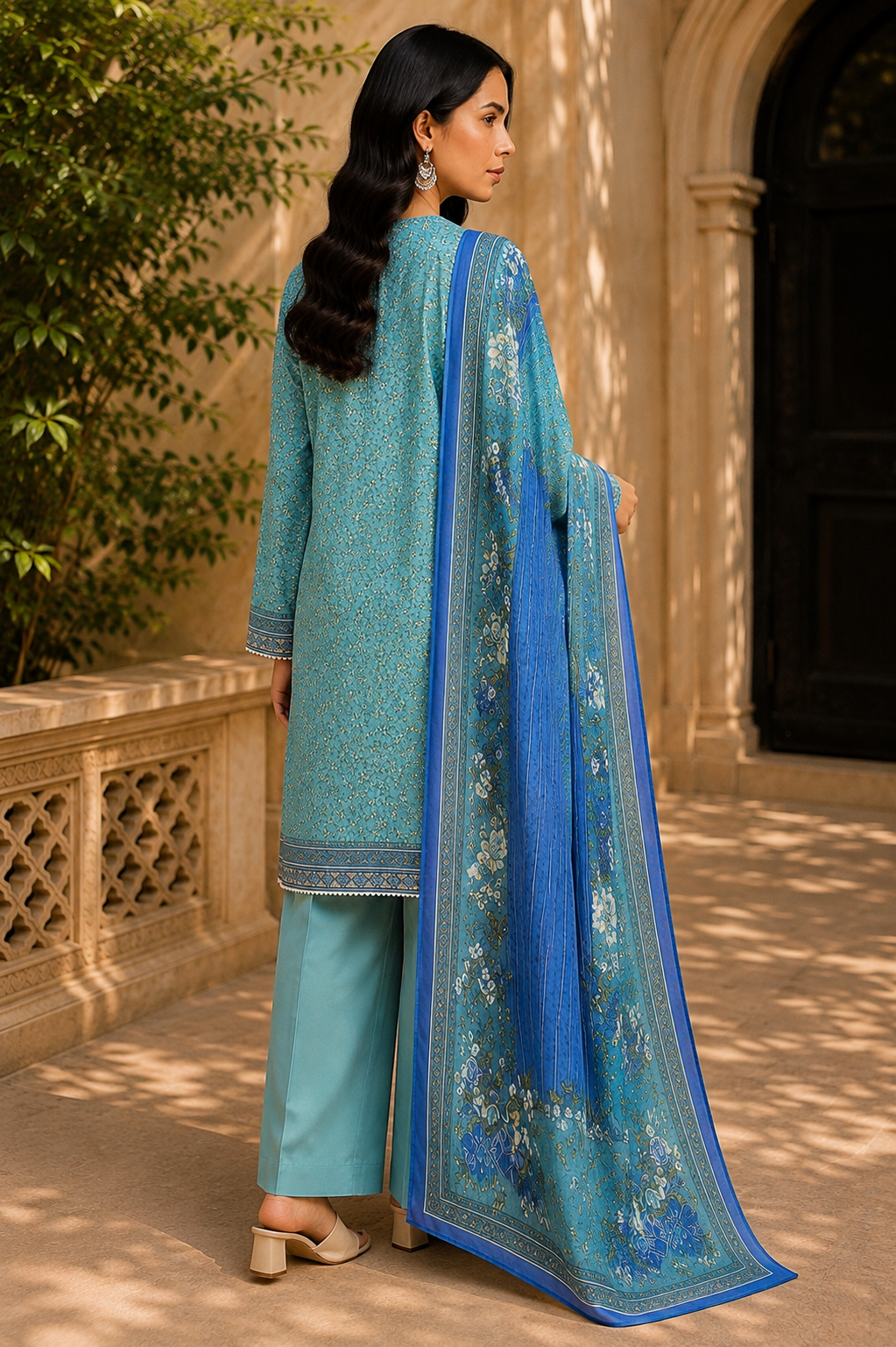 Khaadi 3-Piece Printed Lawn Suit – Unstitched Printed Dupatta Shirt & Dyed Lawn Trouser