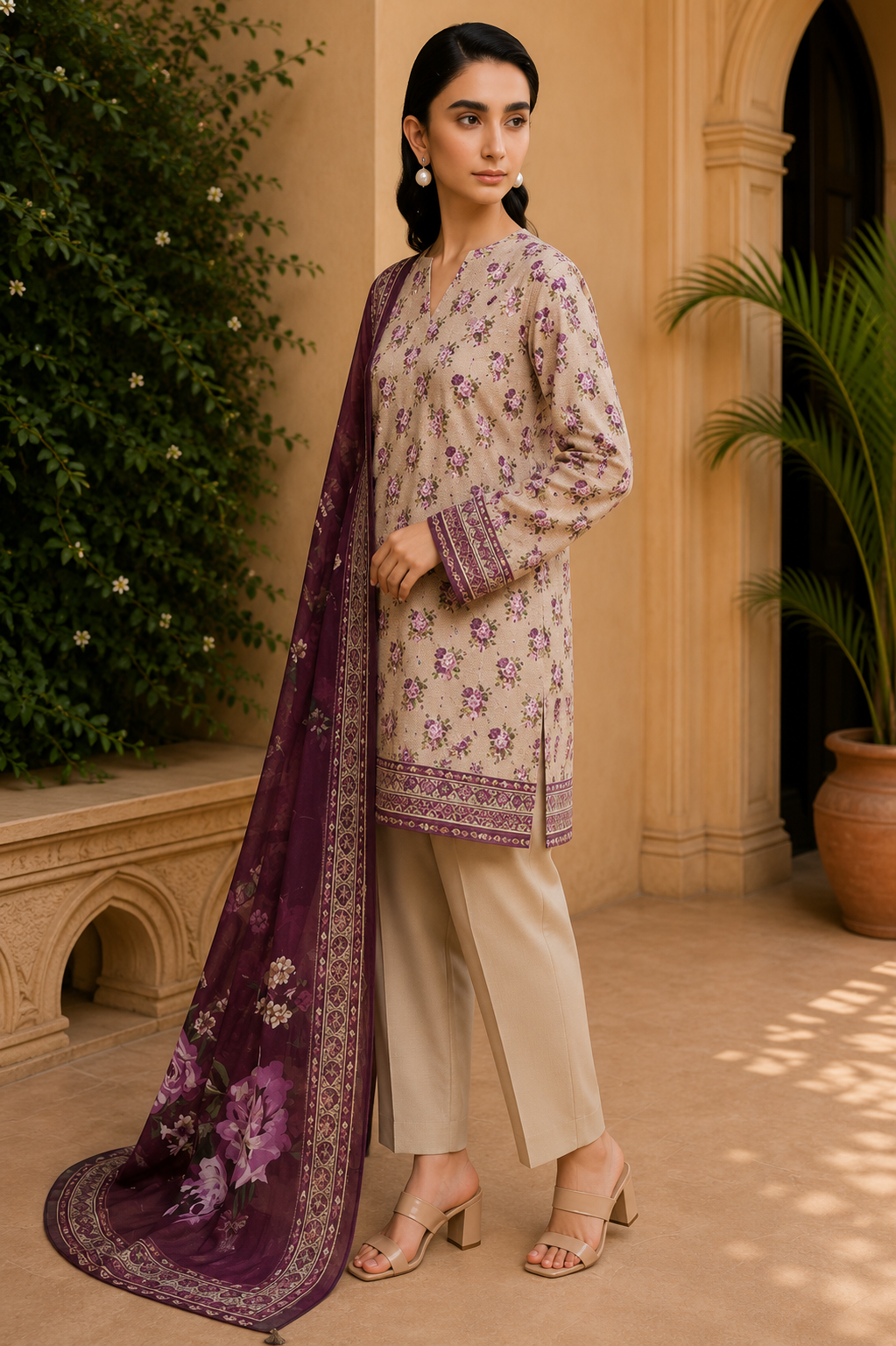 Khaadi 3-Piece Printed Lawn Suit – Unstitched Printed Dupatta Shirt & Dyed Lawn Trouser