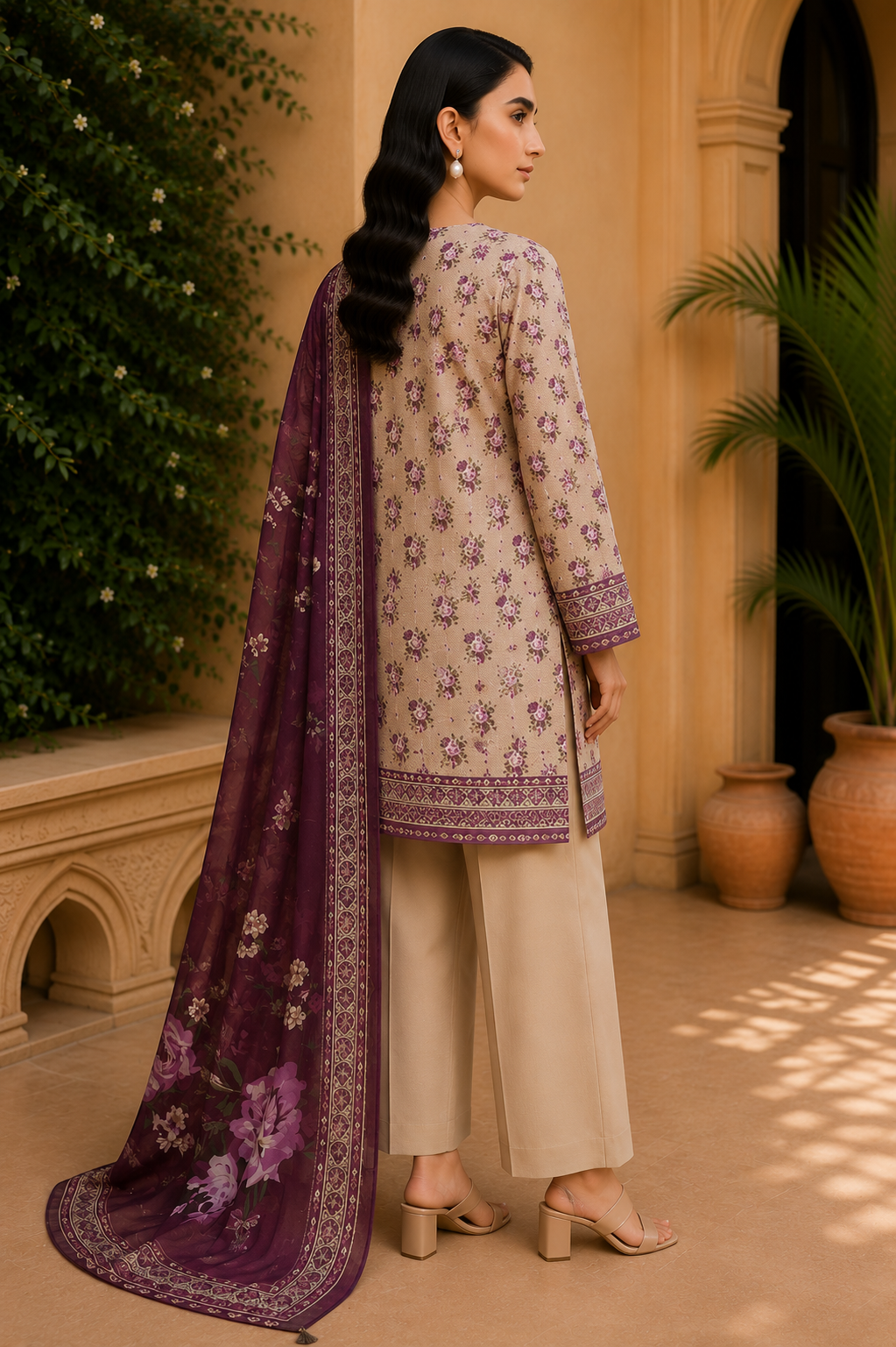 Khaadi 3-Piece Printed Lawn Suit – Unstitched Printed Dupatta Shirt & Dyed Lawn Trouser