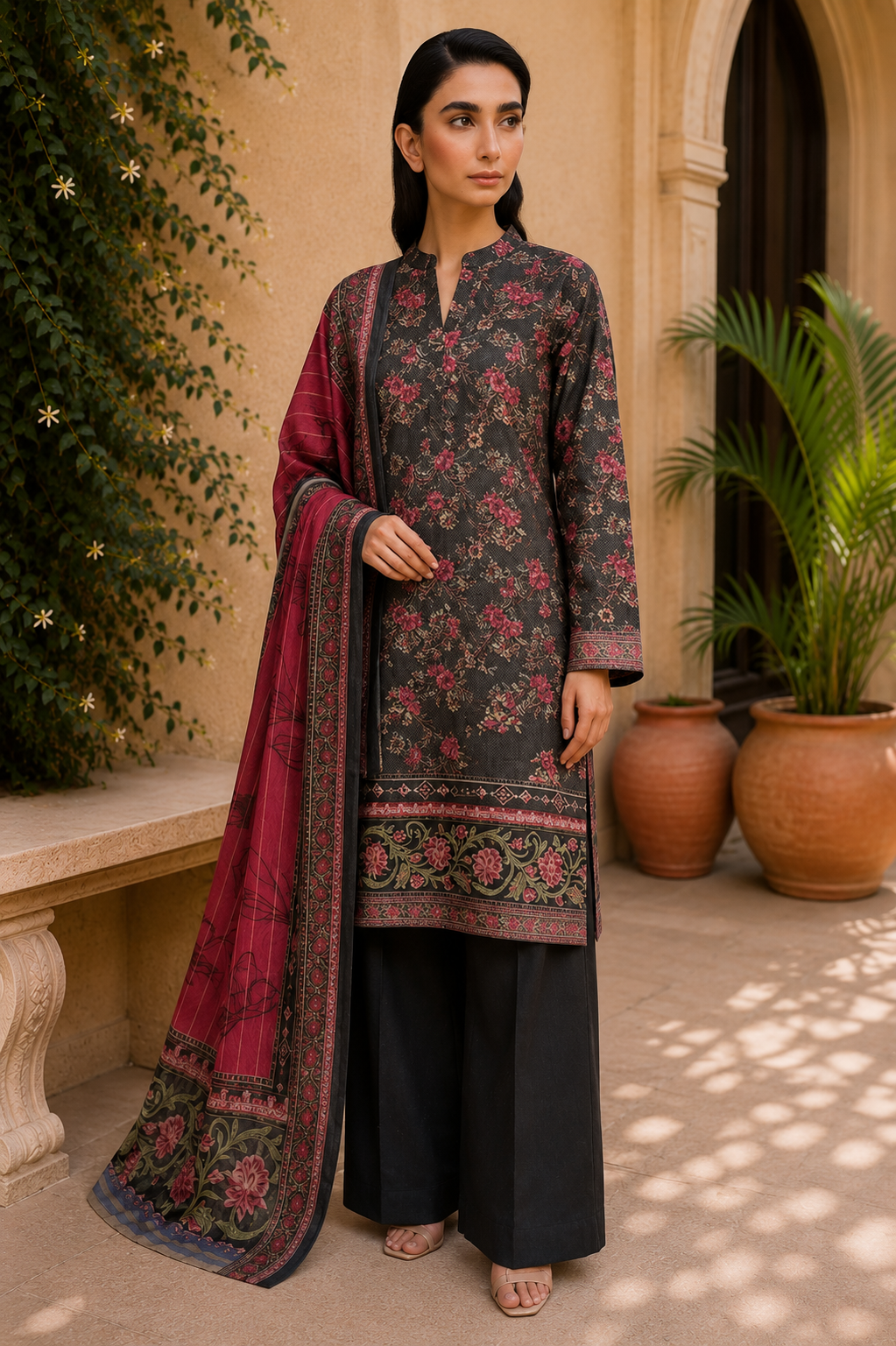 Khaadi 3-Piece Printed Lawn Suit – Unstitched Printed Dupatta Shirt & Dyed Lawn Trouser
