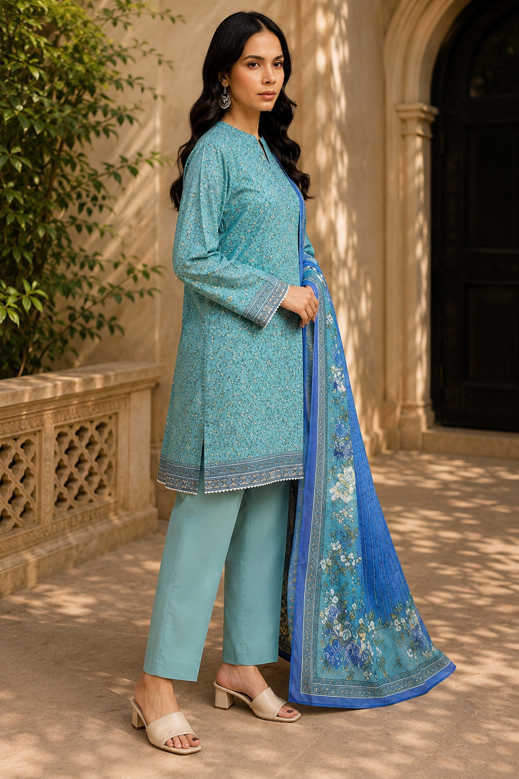 Khaadi 3-Piece Printed Lawn Suit – Unstitched Printed Dupatta Shirt & Dyed Lawn Trouser