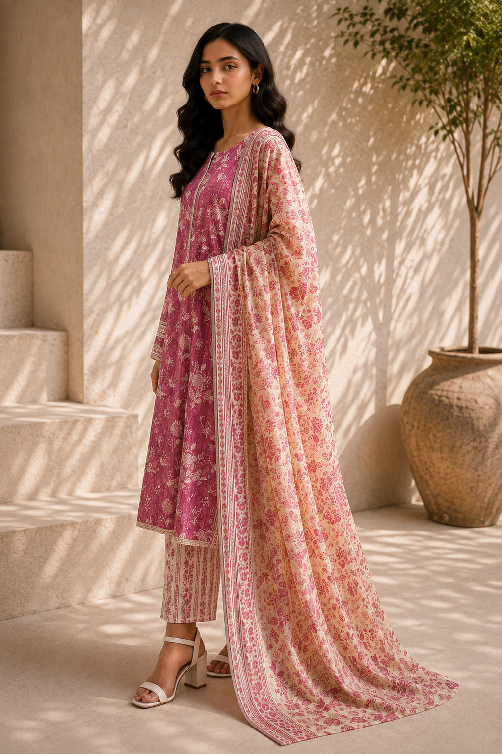 Saya 3 Piece Printed Lawn Suit for Women Unstitched Suit/|Shirt, Dupatta & Dyed Cambric Trouser