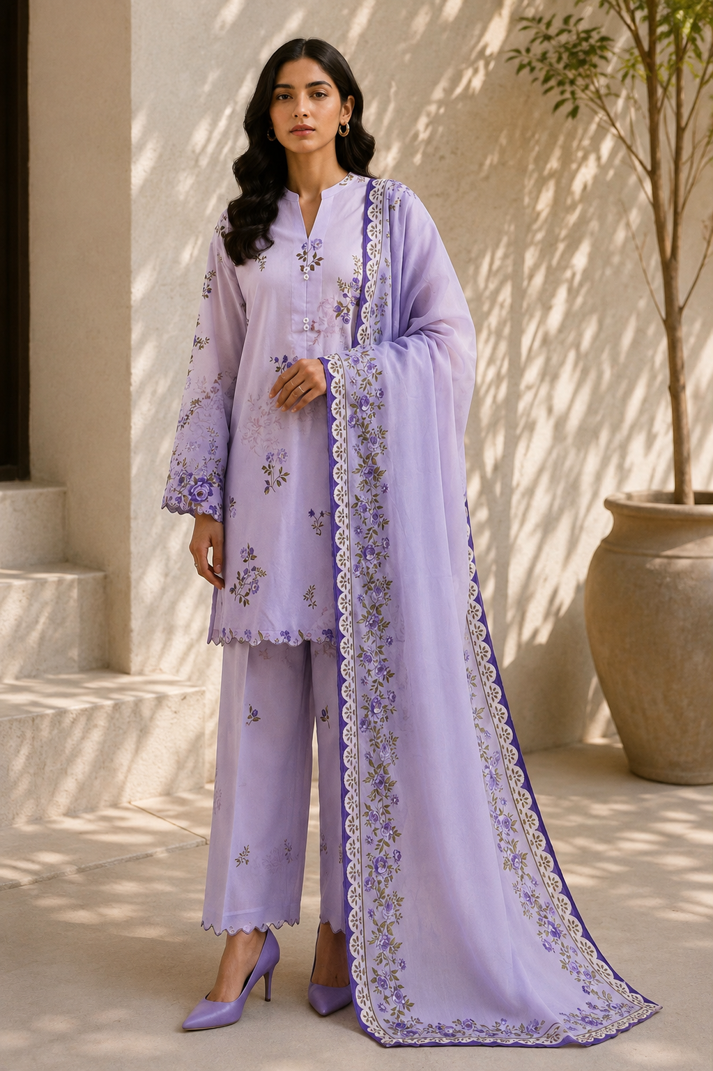 Saya 3 Piece Printed Lawn Suit for Women Unstitched Suit/|Shirt, Dupatta & Dyed Cambric Trouser