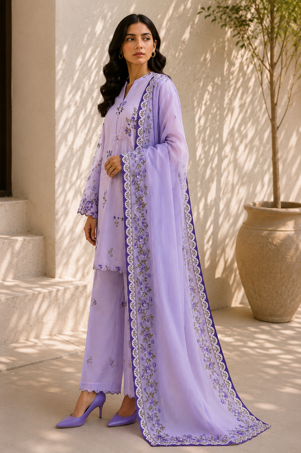 Saya 3 Piece Printed Lawn Suit for Women Unstitched Suit/|Shirt, Dupatta & Dyed Cambric Trouser