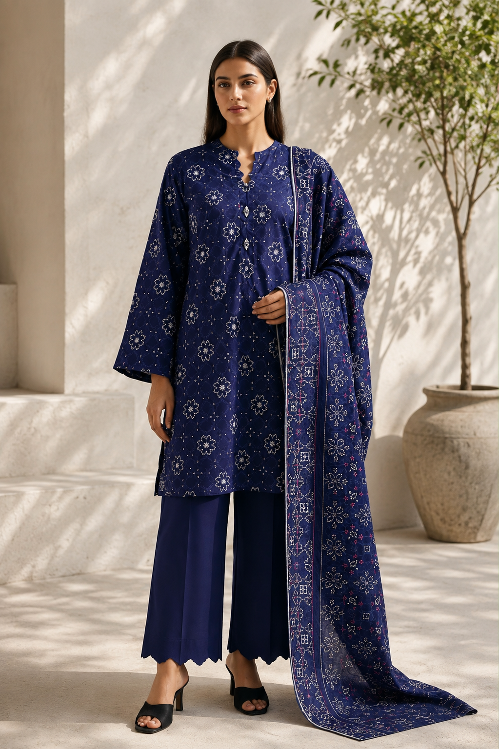 Saya 3 Piece Printed Lawn Suit for Women Unstitched Suit/|Shirt, Dupatta & Dyed Cambric Trouser
