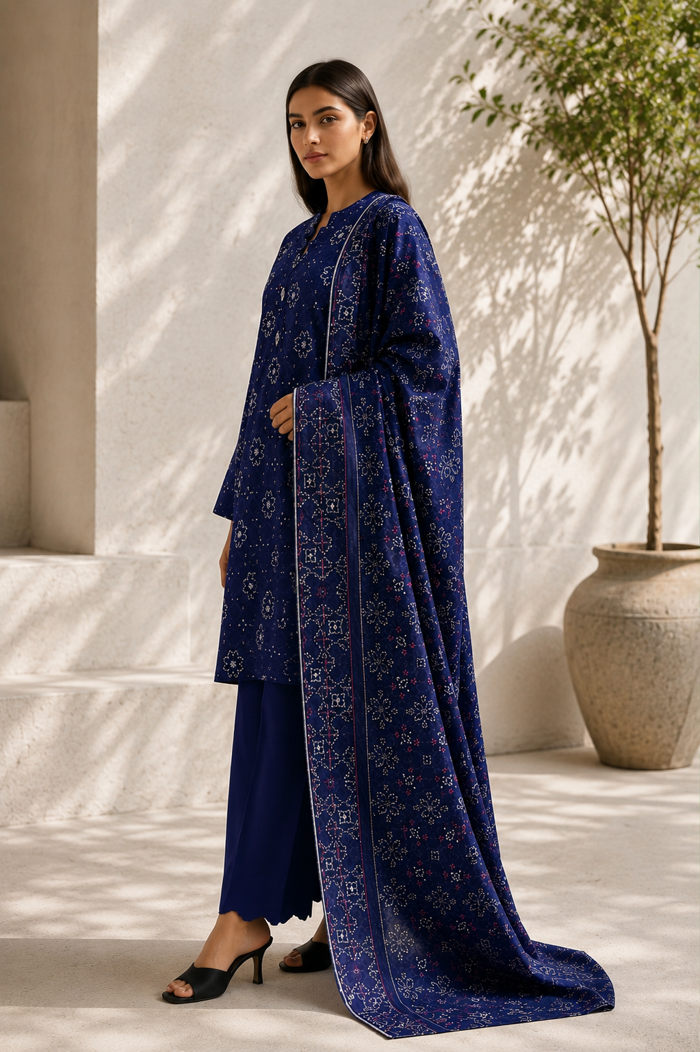 Saya 3 Piece Printed Lawn Suit for Women Unstitched Suit/|Shirt, Dupatta & Dyed Cambric Trouser