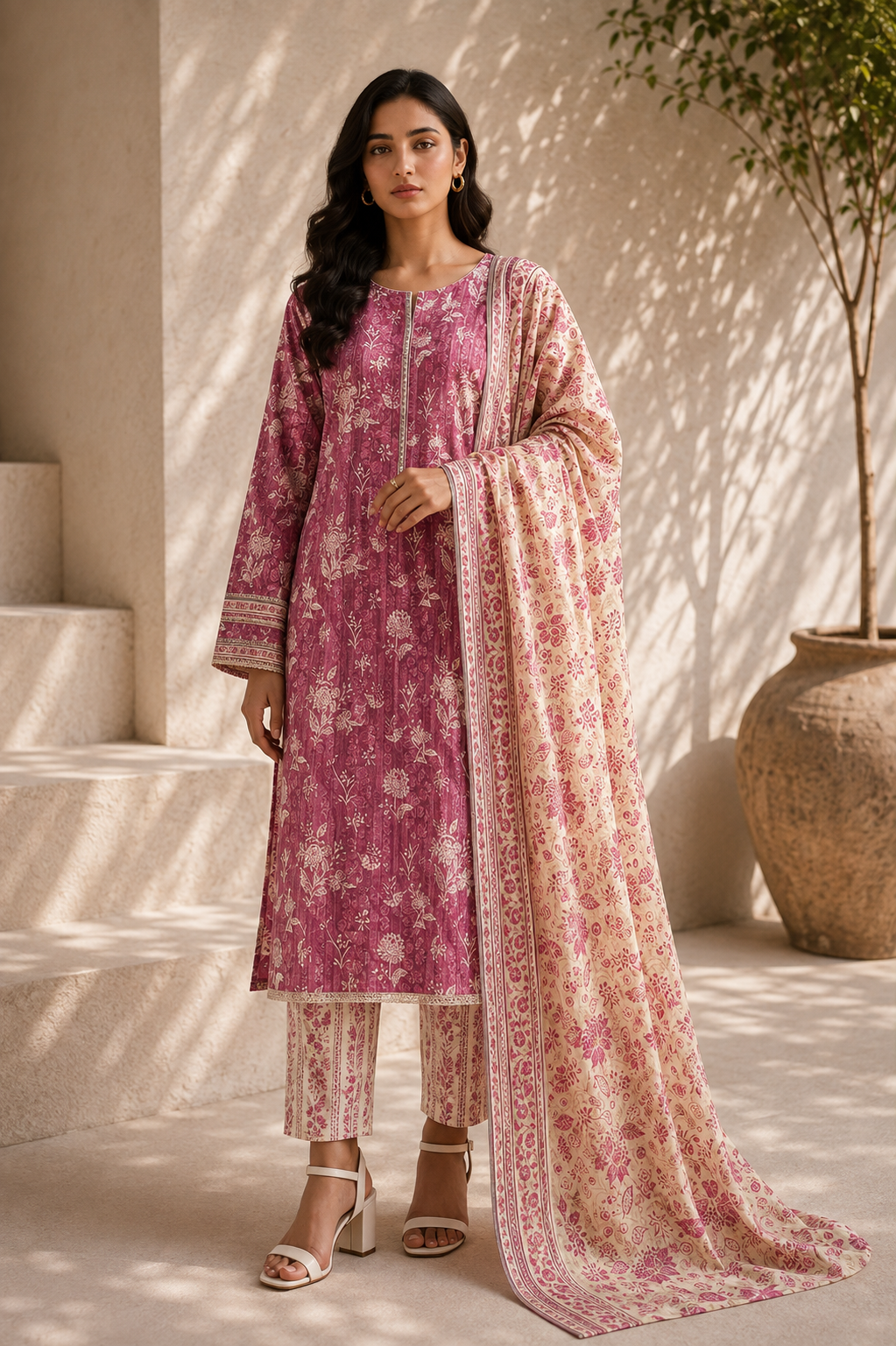 Saya 3 Piece Printed Lawn Suit for Women Unstitched Suit/|Shirt, Dupatta & Dyed Cambric Trouser